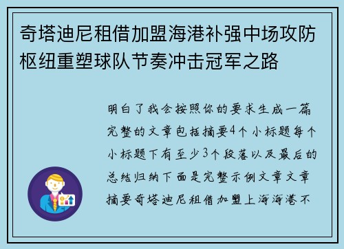 奇塔迪尼租借加盟海港补强中场攻防枢纽重塑球队节奏冲击冠军之路