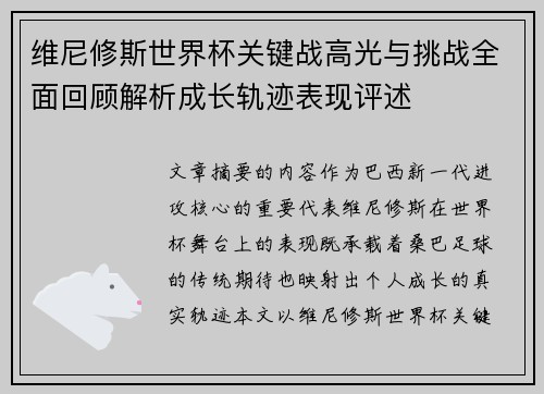 维尼修斯世界杯关键战高光与挑战全面回顾解析成长轨迹表现评述